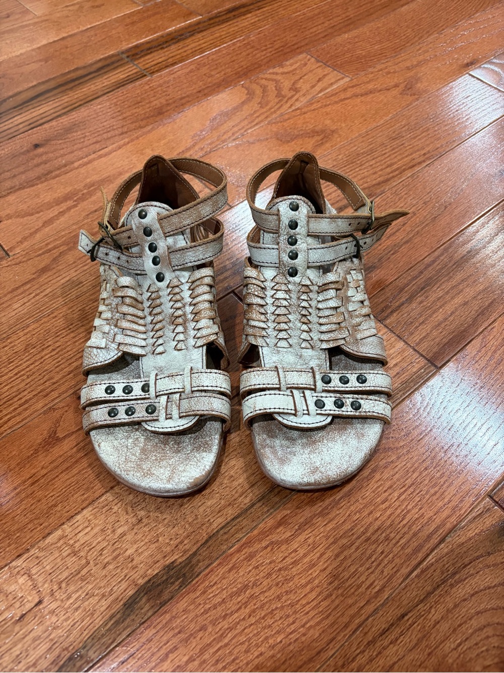 Bed Stu Cream Woven Studded Gladiator Sandals